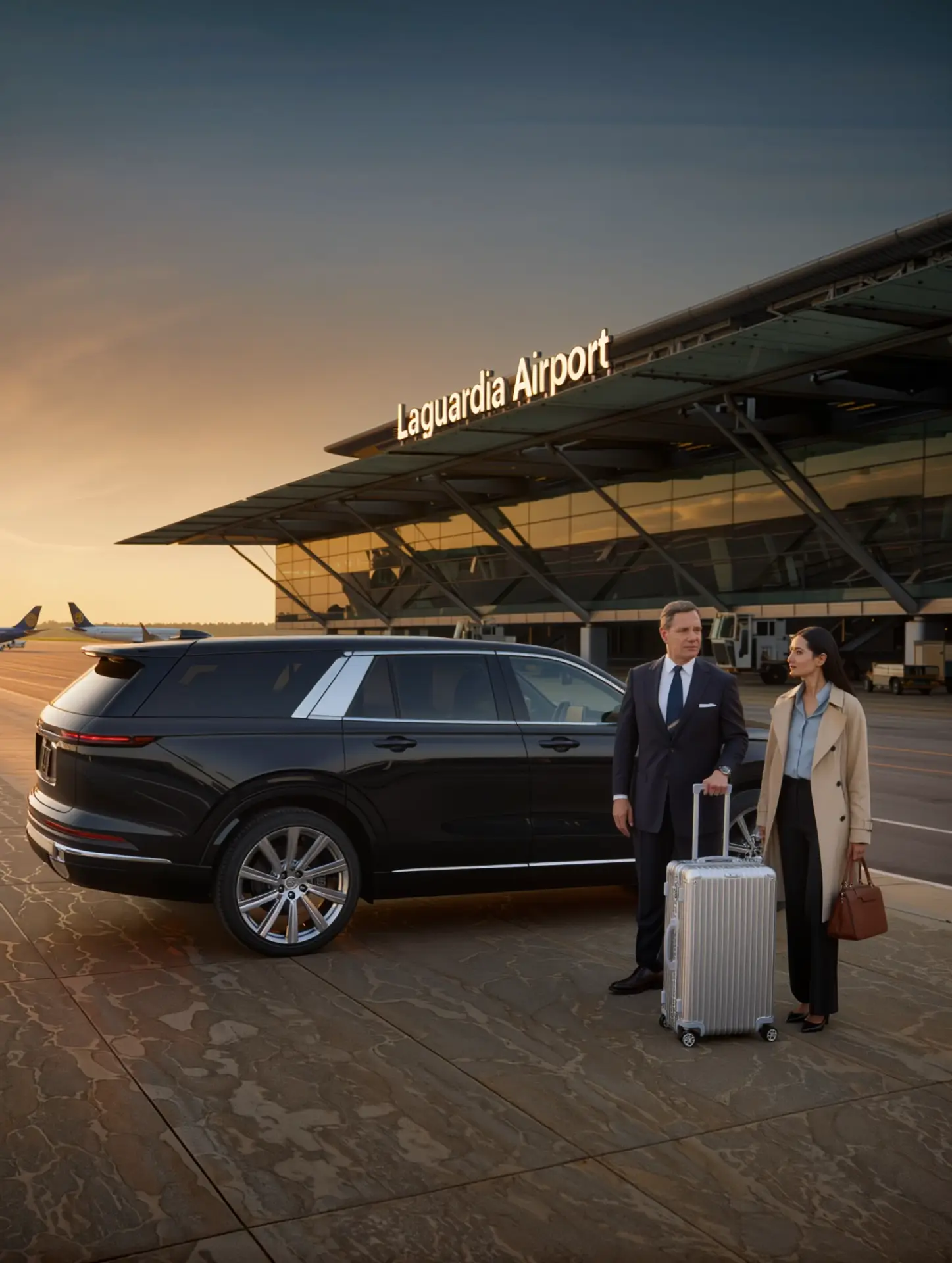 business traveler with luggage meeting chauffeur beside luxury SUV at airport