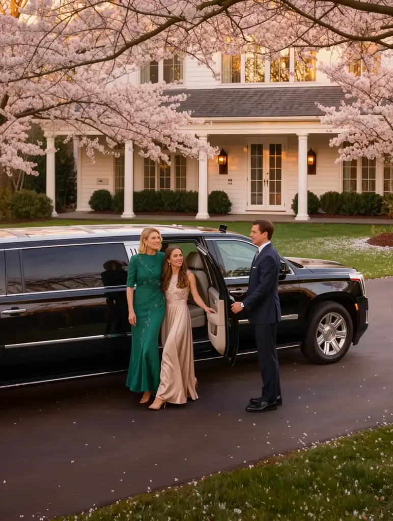 Mother and daughter stepping into a black Cadillac Escalade stretch limousine outside a luxury New Jersey home with cherry blossoms at golden hour