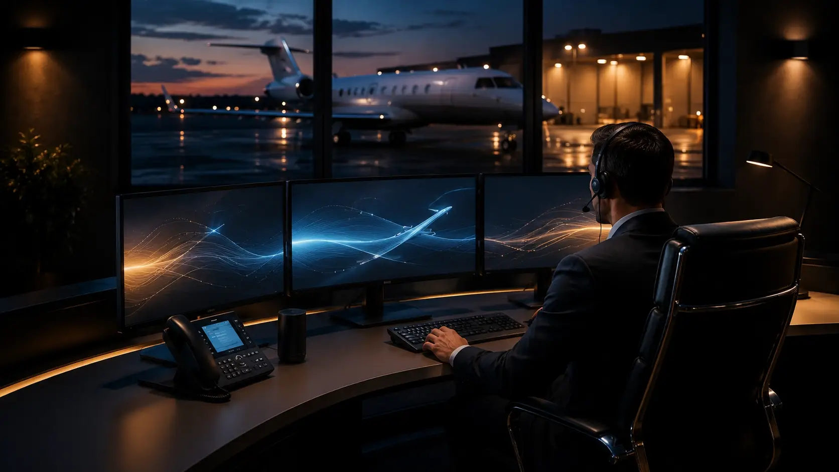 Dispatcher with headset monitoring flight-tracking screens at night with a private jet on the FBO ramp outside โ Basking Ridge Limousine 24/7 designated dispatch