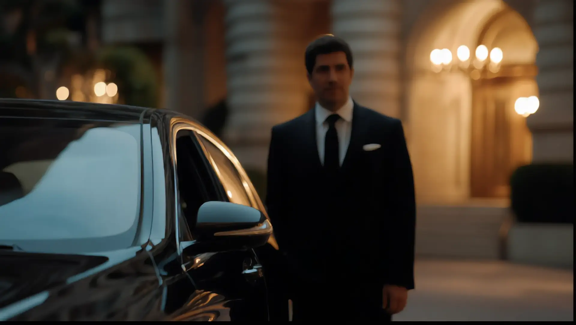Professional chauffeur in a tailored suit beside a black Mercedes-Benz S-Class at a luxury entrance at dusk โ Basking Ridge Limousine private aviation chauffeurs