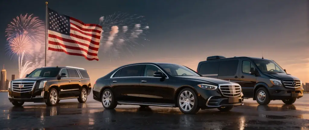 Black Mercedes-Benz S550, Cadillac Escalade ESV, and Mercedes Sprinter limo fleet with American flag and fireworks — 4th of July limo service NJ