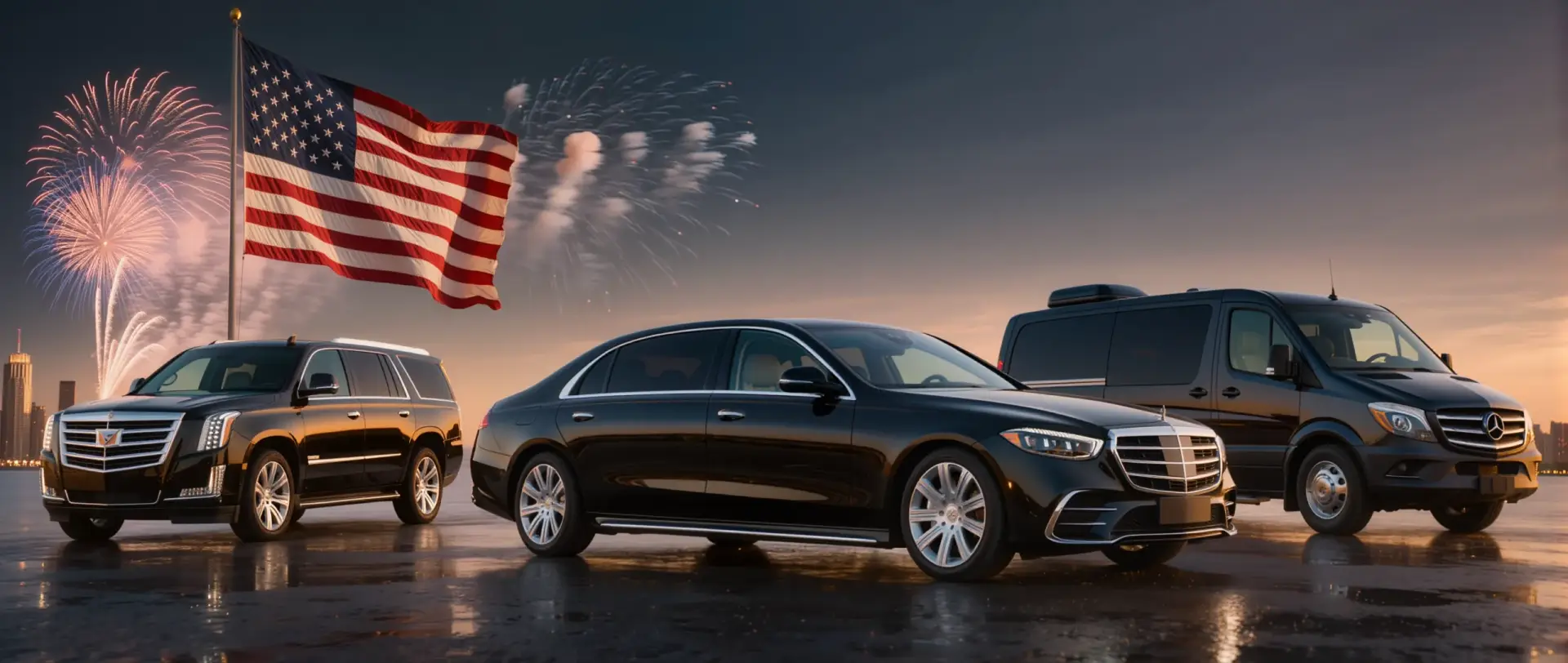 Black Mercedes-Benz S550, Cadillac Escalade ESV, and Mercedes Sprinter limo fleet with American flag and fireworks — 4th of July limo service NJ