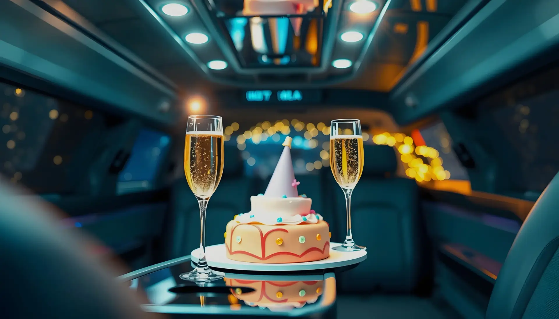 Birthday celebration in chauffeured luxury limousine — champagne and cake during NJ birthday limo service by Basking Ridge Limousine