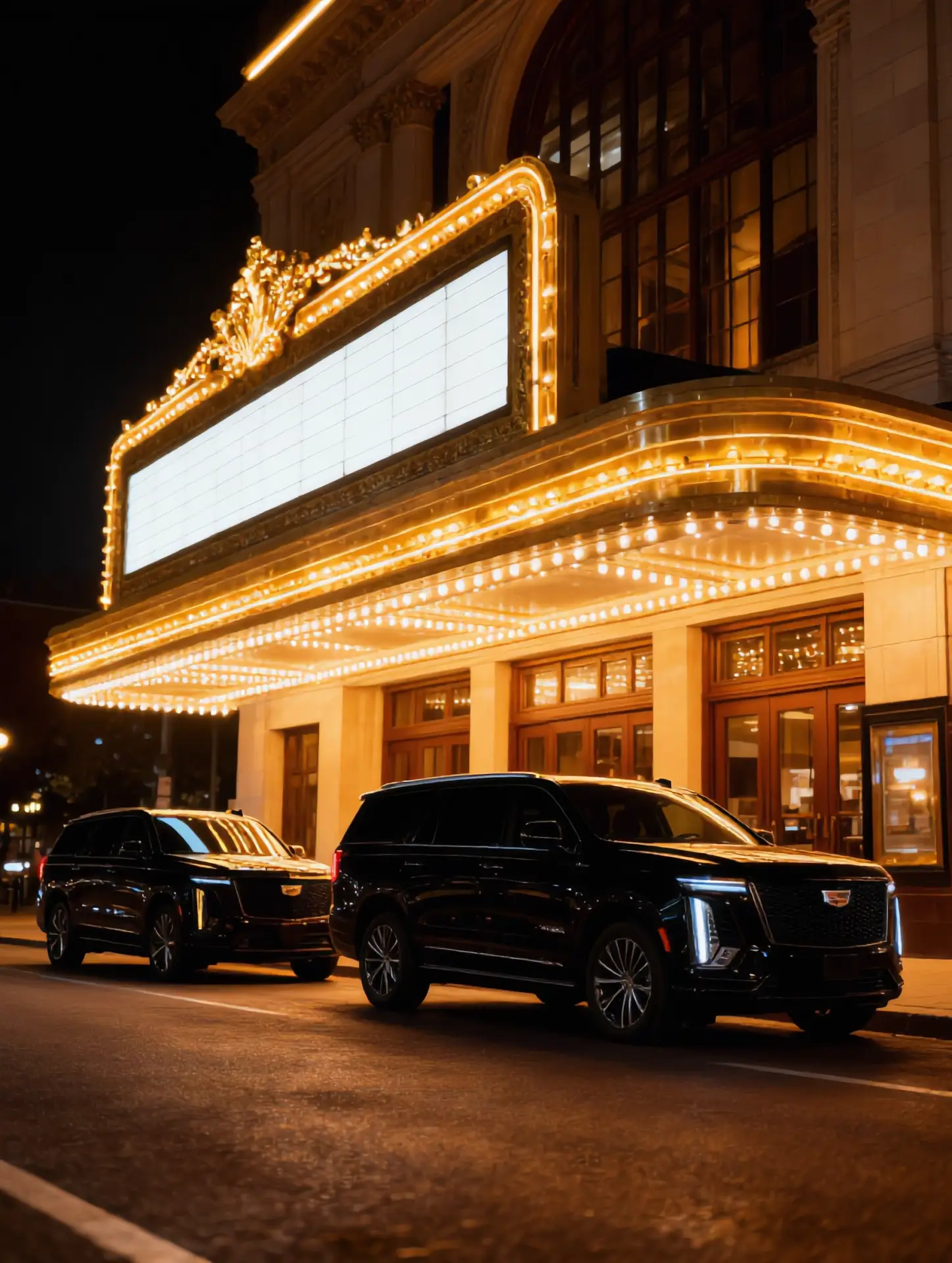 Chauffeured Cadillac Escalade luxury SUV at illuminated Broadway theater entrance at night — NYC night out and Broadway limo service by Basking Ridge Limousine NJ