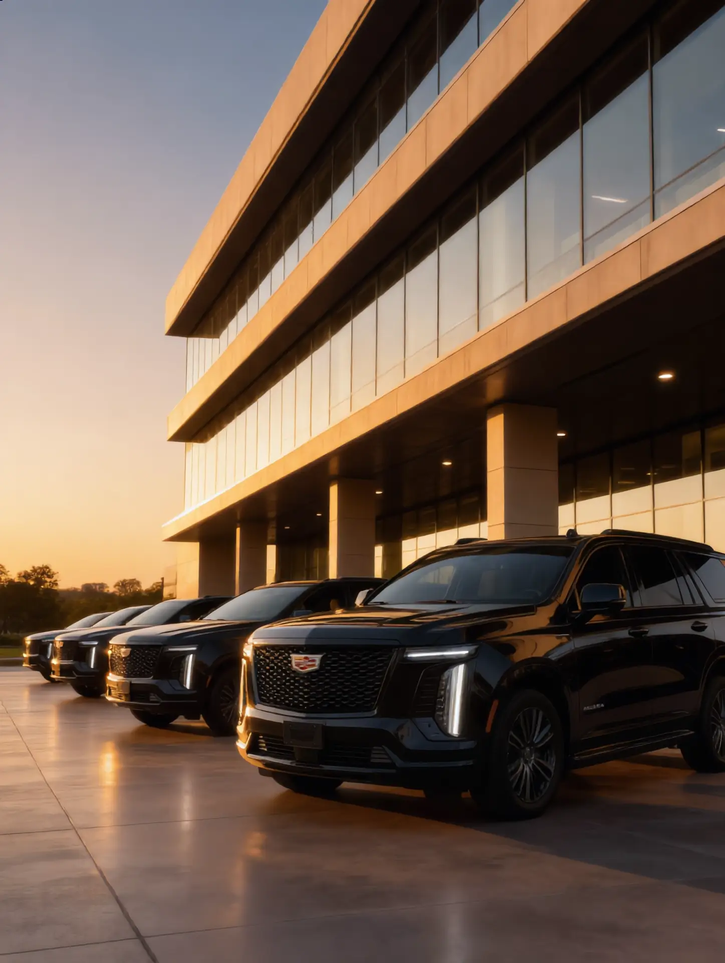 Black Cadillac Escalade luxury SUV fleet at modern corporate headquarters at golden hour — executive corporate limo service in New Jersey by Basking Ridge Limousine