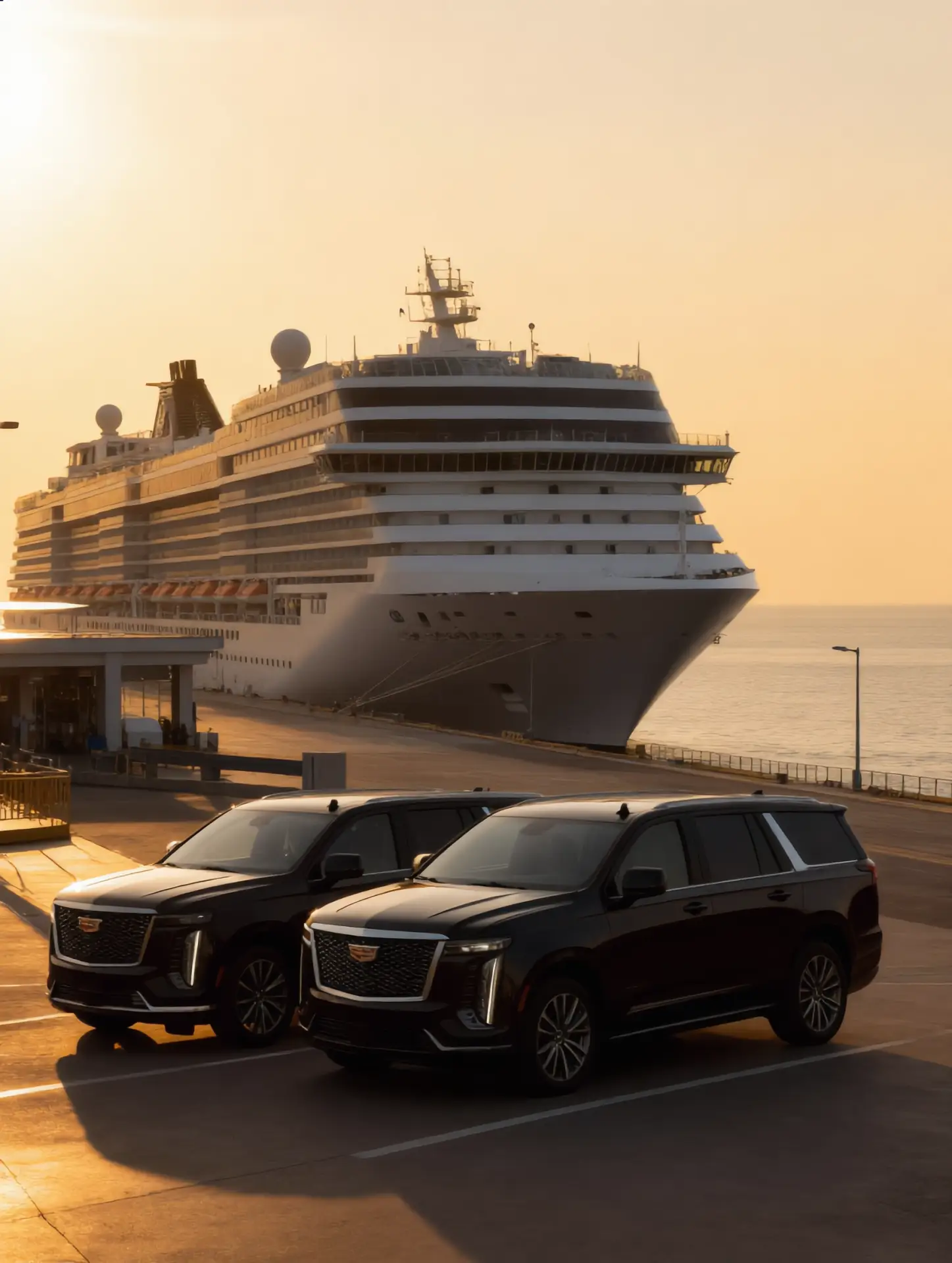 Chauffeured Cadillac Escalade luxury SUV at cruise ship terminal passenger drop-off — Cape Liberty Bayonne and Manhattan cruise terminal limo service by Basking Ridge Limousine NJ