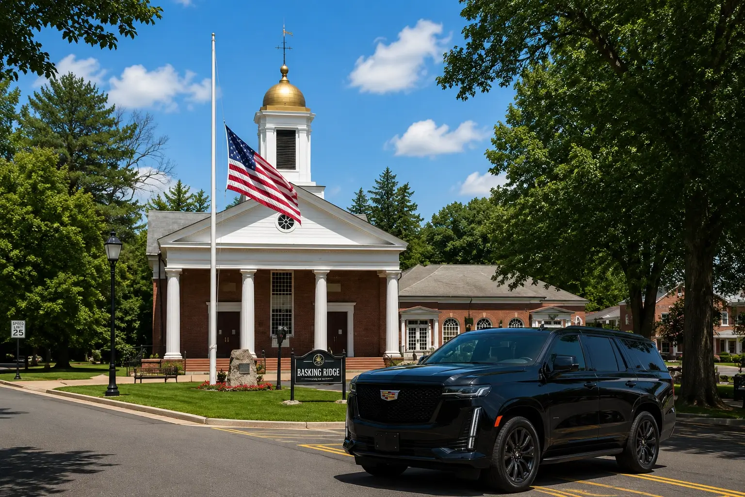 Black Cadillac Escalade SUV car service in front of the historic Basking Ridge Presbyterian Church in Basking Ridge NJ