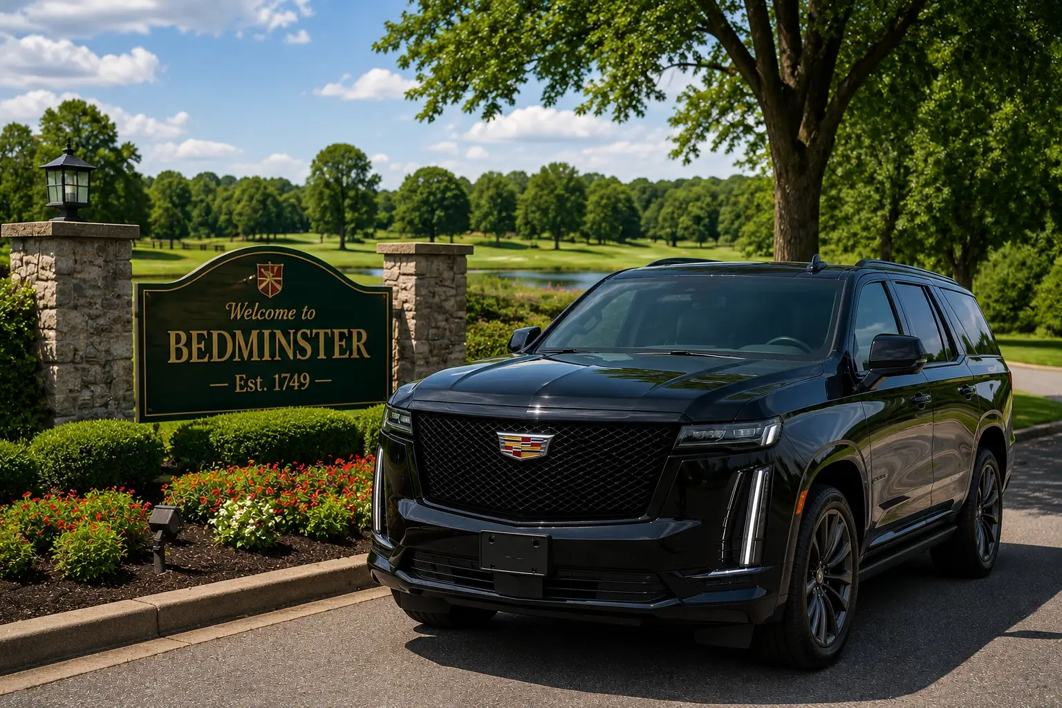 Black Cadillac Escalade SUV car service beside the Welcome to Bedminster NJ sign with a golf course behind