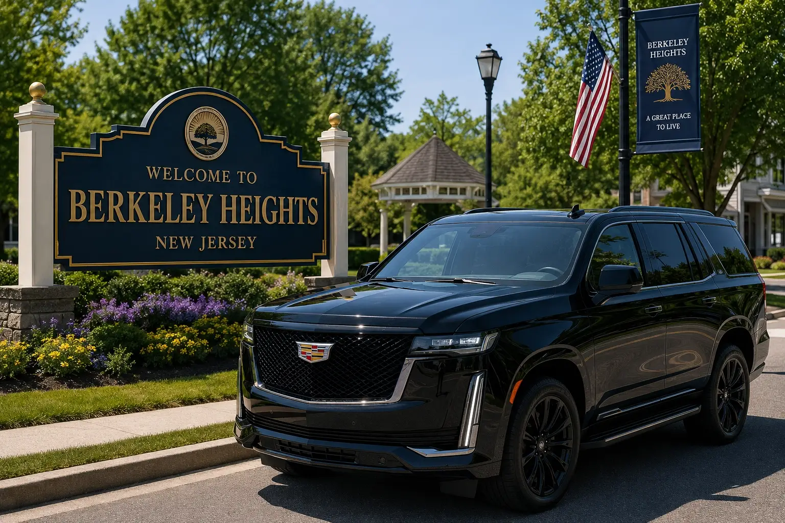 Black Cadillac Escalade SUV chauffeur service at the Welcome to Berkeley Heights NJ town sign