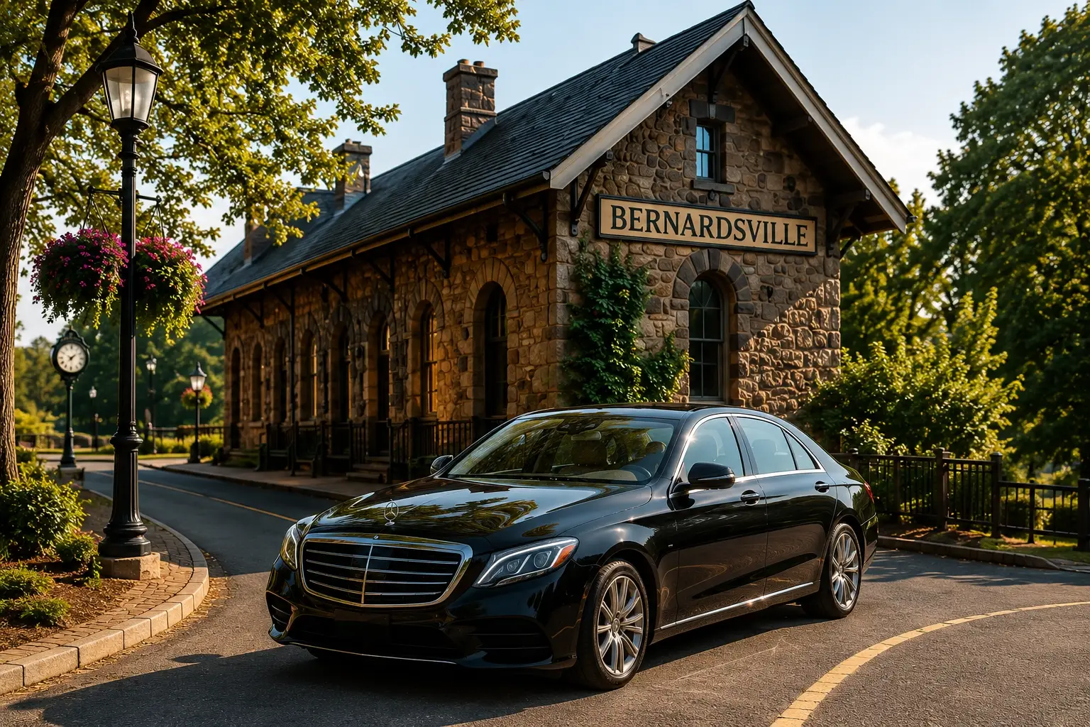 Black Mercedes-Benz sedan car service parked at the historic Bernardsville NJ stone train station