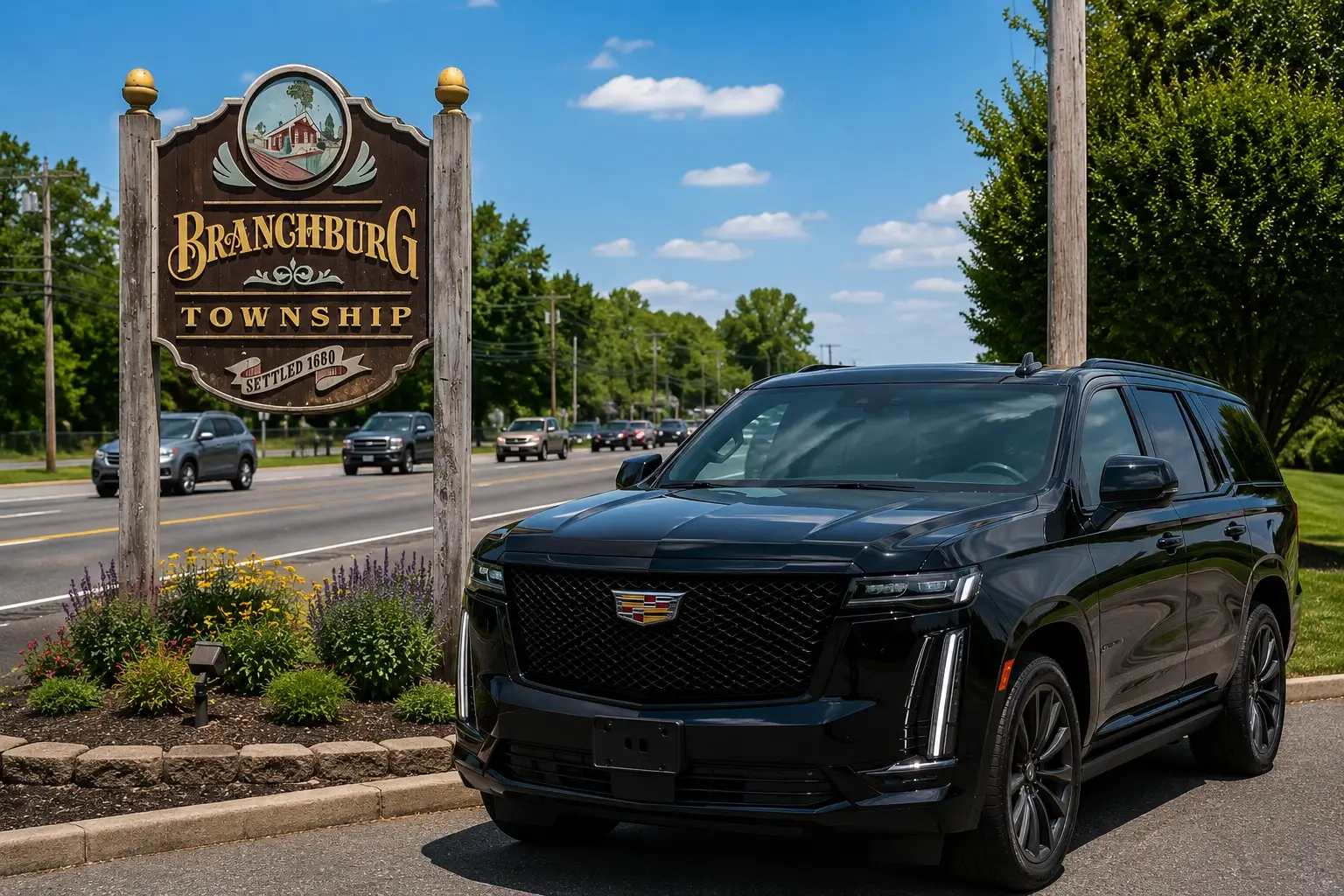 Black Cadillac Escalade SUV car service beside the Branchburg Township NJ welcome sign on the Route 22 corridor