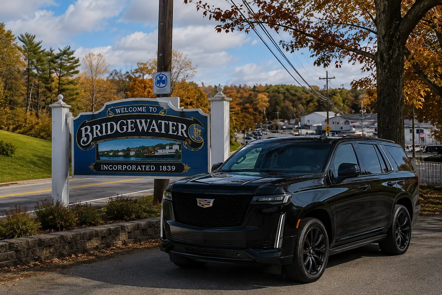 Black Cadillac Escalade SUV car service beside the Welcome to Bridgewater NJ sign