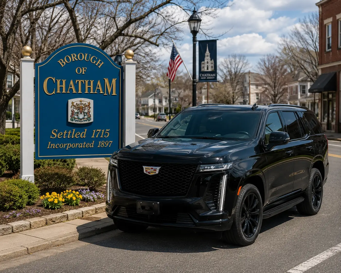 Black Cadillac Escalade luxury SUV chauffeur service in Chatham NJ
