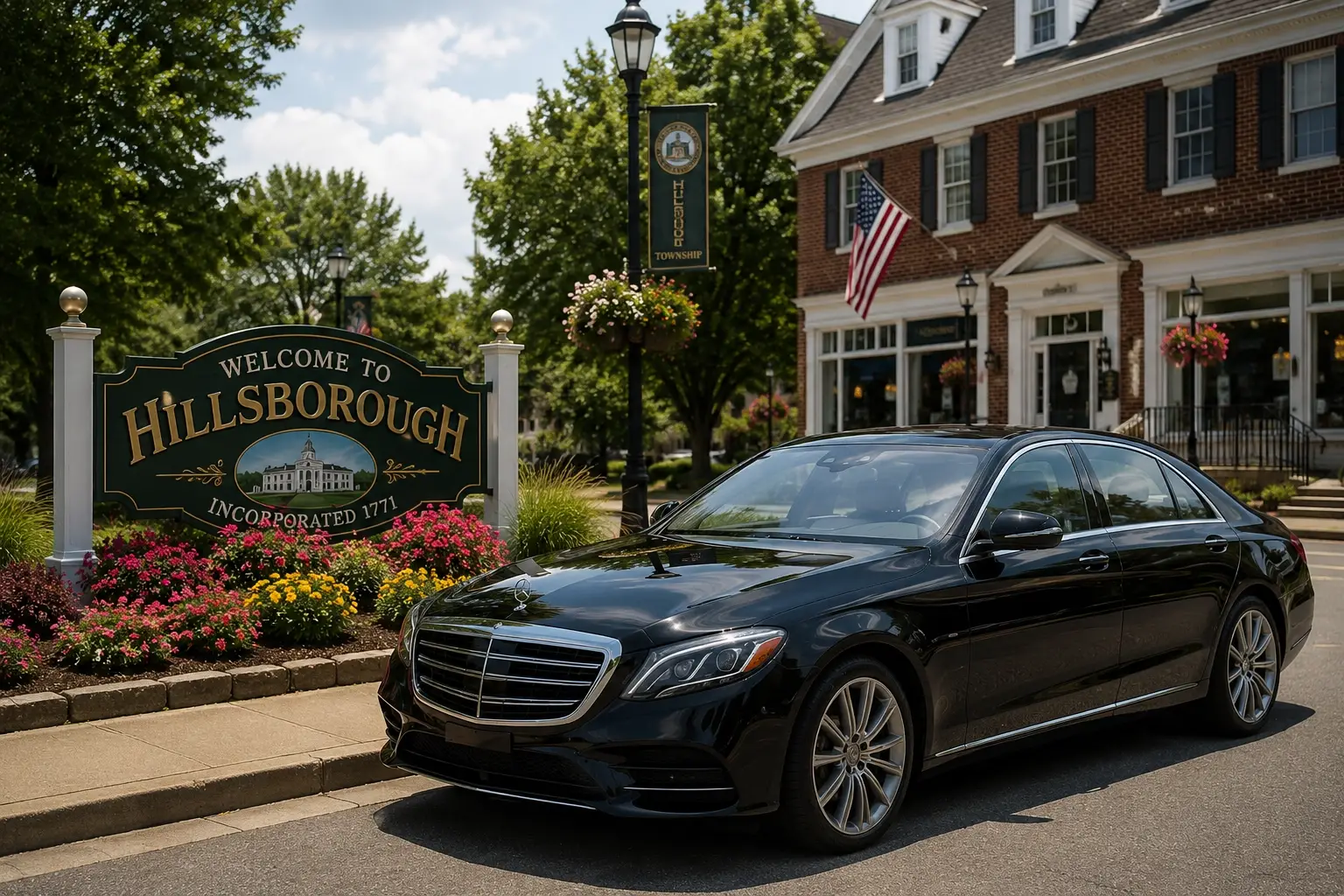 Black Mercedes-Benz sedan car service beside the Welcome to Hillsborough NJ sign