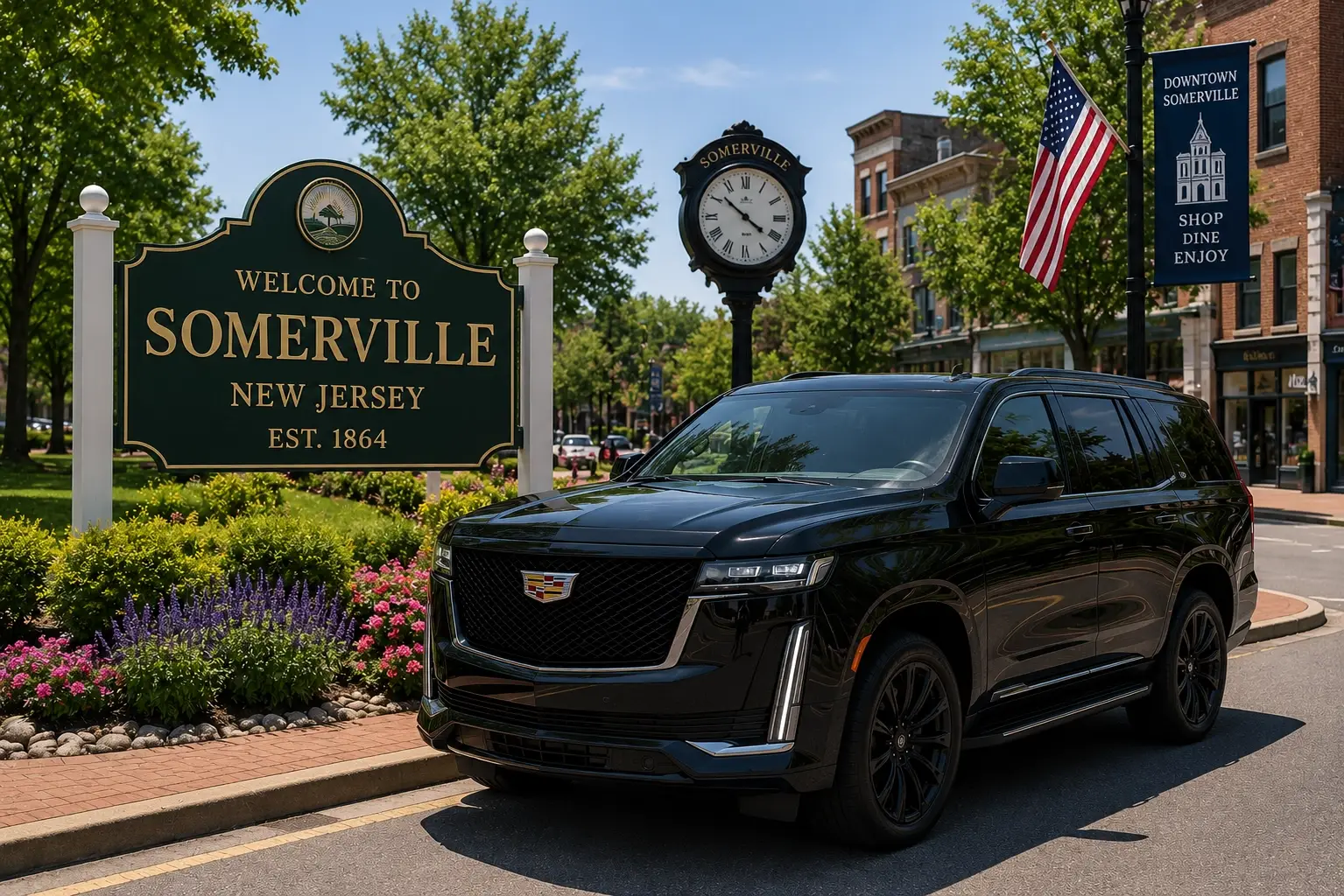 Black Cadillac Escalade SUV chauffeur service at the Welcome to Somerville NJ sign with the downtown clock