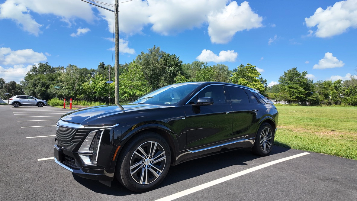 Black 2025 Cadillac LYRIQ EV shown from front three-quarter angle
