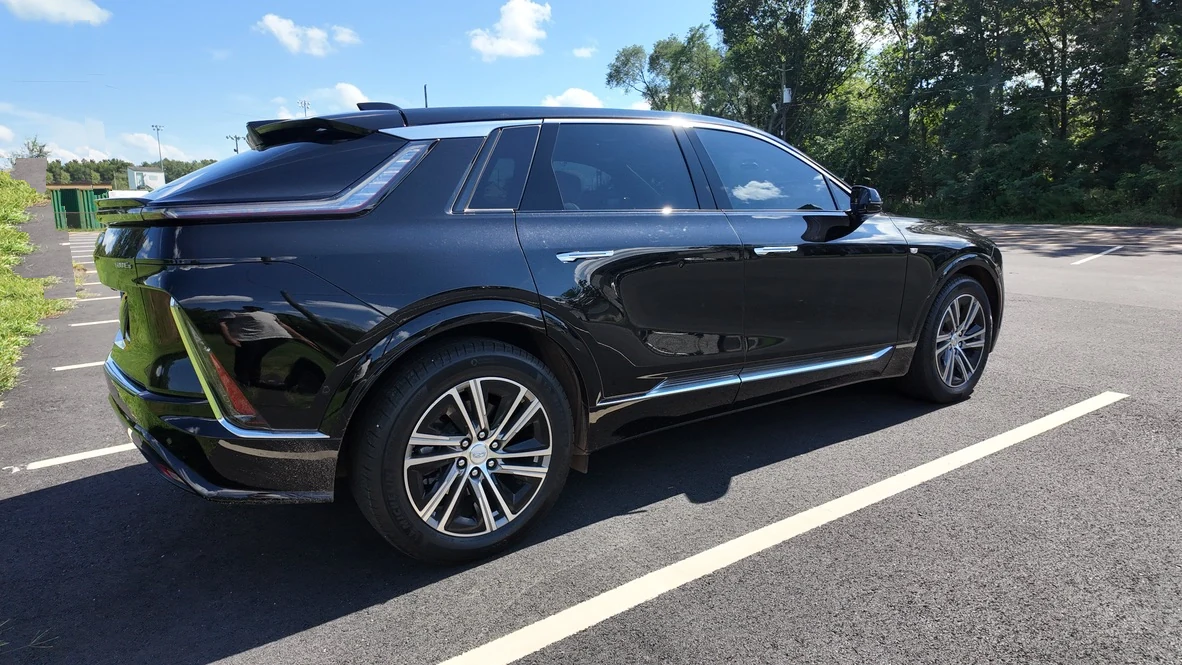 2025 Cadillac LYRIQ rear three-quarter exterior used for chauffeur service in New Jersey