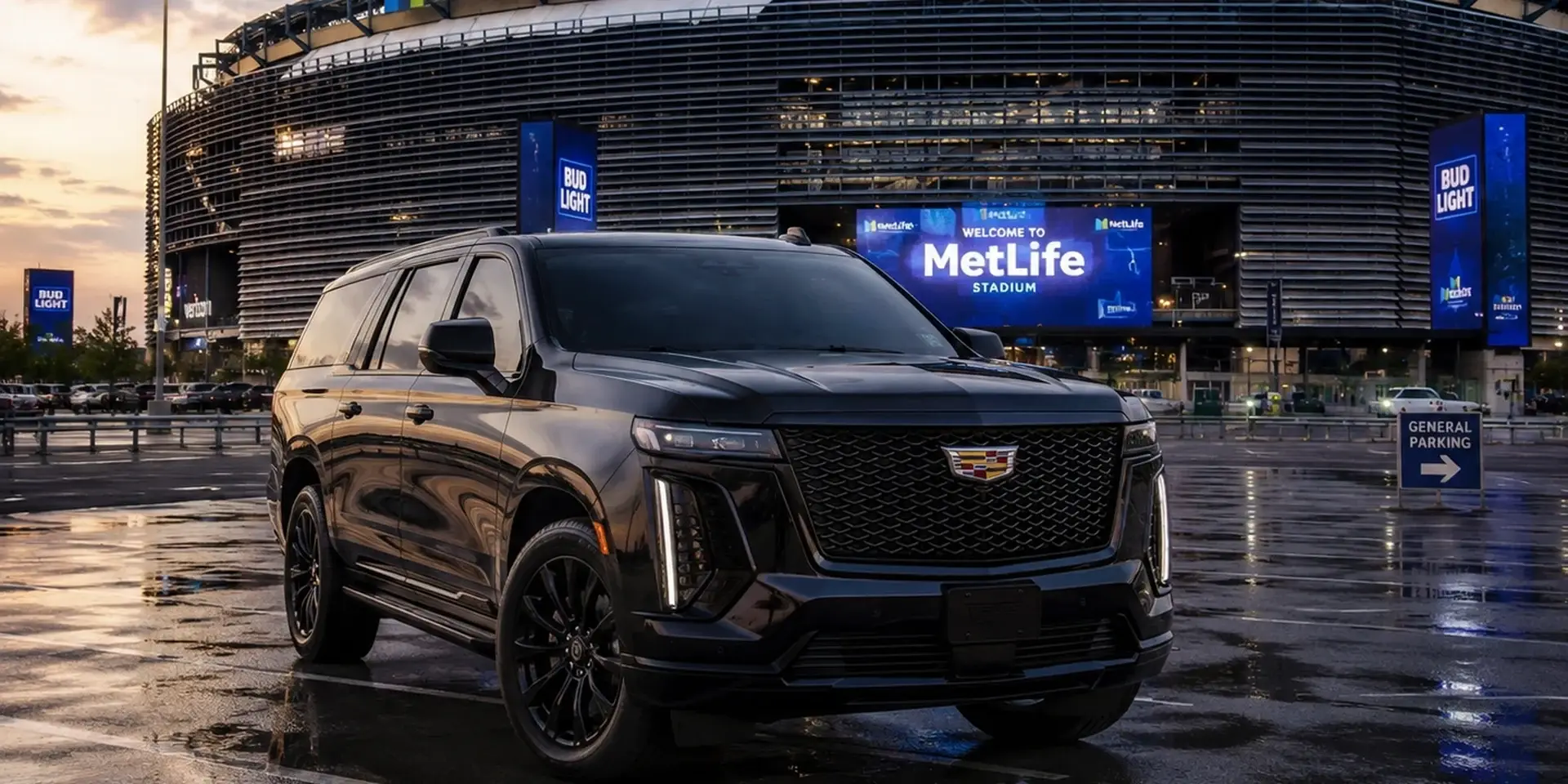 Black Cadillac Escalade chauffeured SUV parked outside MetLife Stadium at dusk in East Rutherford, New Jersey