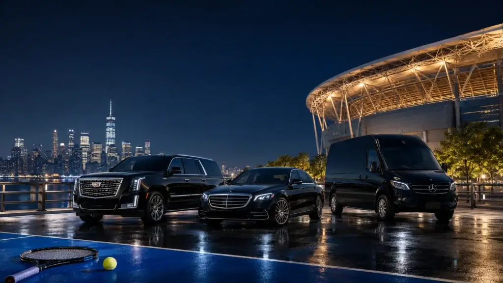 Luxury Cadillac Escalade, Mercedes-Benz S-Class and Sprinter with tennis racket near a New York stadium at night