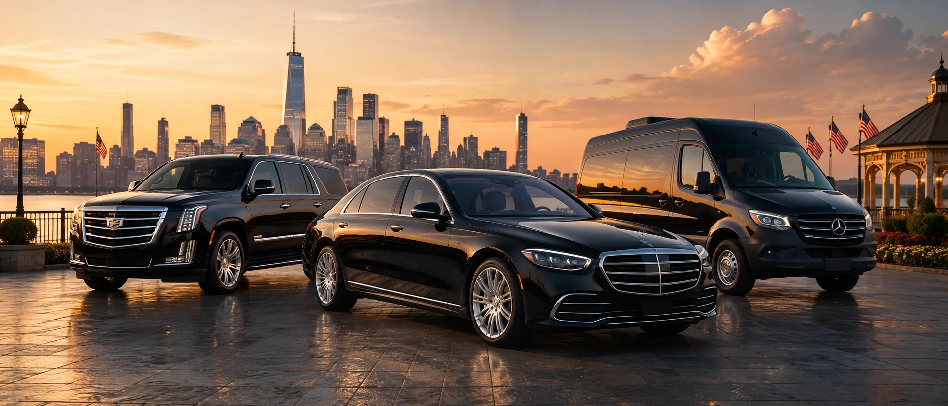Labor Day luxury limousine service in New Jersey with black sedan SUV and Mercedes Sprinter