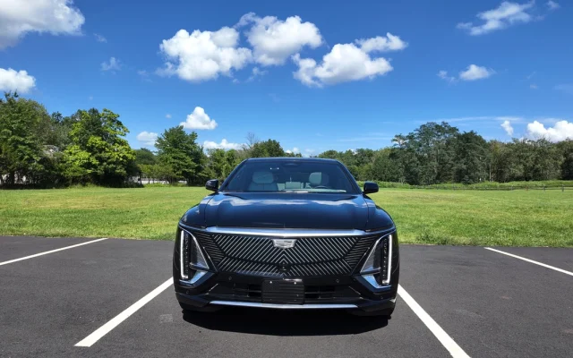 Front view of black 2025 Cadillac LYRIQ EV luxury electric SUV