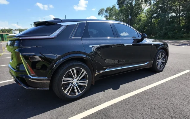 2025 Cadillac LYRIQ rear three-quarter exterior used for chauffeur service in New Jersey