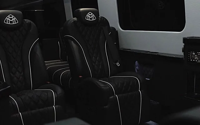 2026 Mercedes Maybach Jet Sprinter interior with executive captain seats and illuminated ceiling