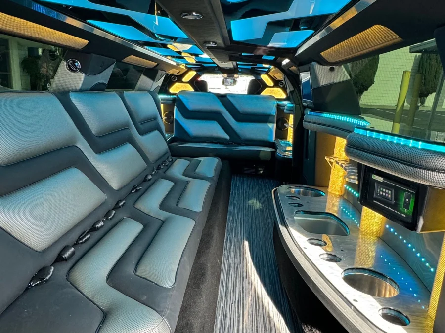 Chrysler 300 limousine interior with blue and gold LED accent lights