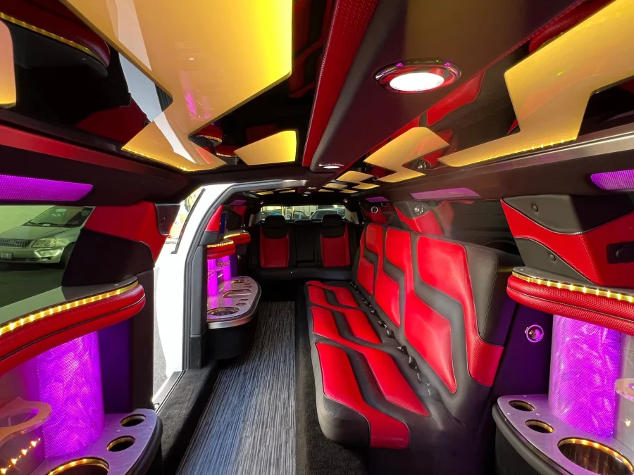Chrysler 300 stretch limo red and black interior with ambient lighting