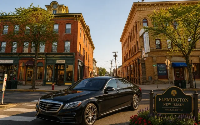 Luxury Mercedes-Benz S550 executive sedan providing chauffeur service in historic downtown Flemington, NJ by Basking Ridge Limousine Services.