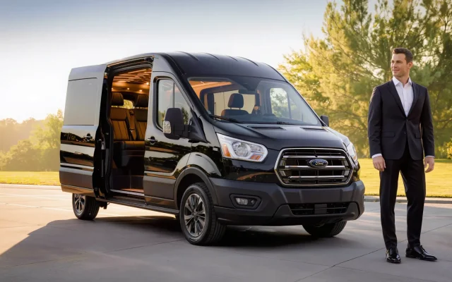 Professional chauffeur beside a black 14 passenger Ford Transit van with the sliding door open, NJ group transportation