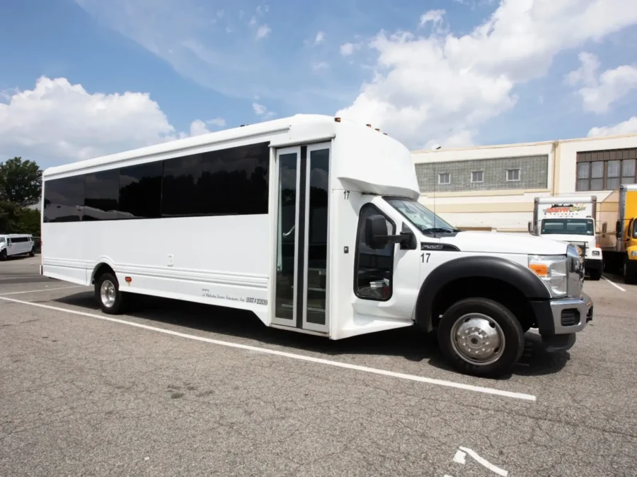 White 25-passenger party bus exterior