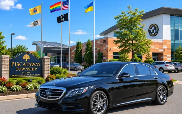 Luxury Mercedes-Benz S550 sedan parked at Piscataway Township Municipal Building in Piscataway, NJ by Basking Ridge Limousine Services.