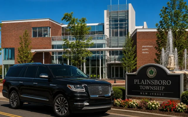 Luxury Lincoln Navigator SUV parked at Plainsboro Township Municipal Complex in Plainsboro, NJ by Basking Ridge Limousine Services.